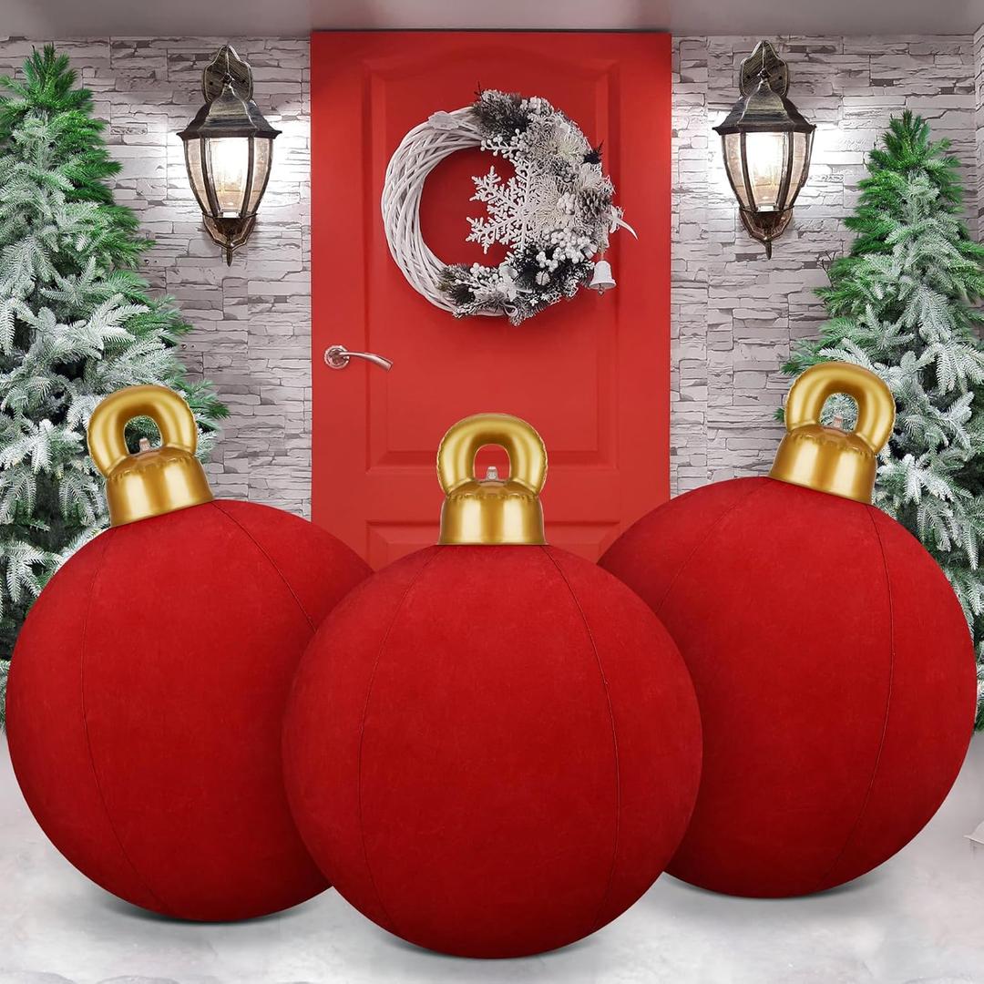 Jetec 3 Pcs 32 Inch Giant Velvet Christmas Inflatable Balls Ornament Flocked Xmas PVC Inflatable Flocked Ball Ornaments for Christmas Holiday Outdoor Blow up Yard Decor (Red)