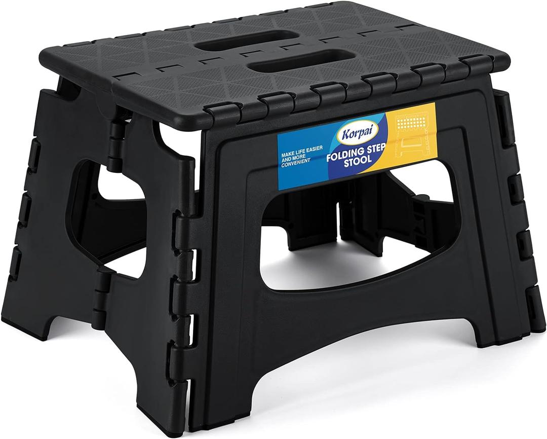 Korpai Upgrade 9" Folding Step Stool for Adults and Kids Holds Up to 300 lbs,Non-Slip Folding Stools with Portable Handle, Compact Plastic Foldable Step Stool for Bathroom, Kitchen,Black,1 PC