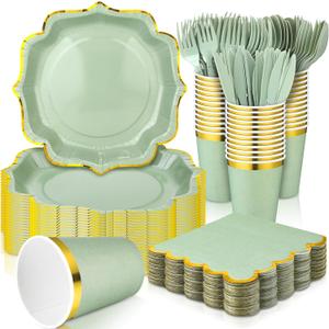 Gejoy 144 Pcs Bridal Shower Decorations Baby Shower Party Supplies Include Disposable Paper Plates Cups and Napkins Sets with Plastic Forks Knives Spoons for Wedding Birthday Party(Sage Green)