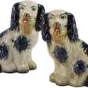 Hand-Painted Porcelain Dog Figurines Pair of Dark Blue Dog Figurines with Flowers in Mouth,Ceramic Dog Collectibles for Home Decoration,Unique Gifts