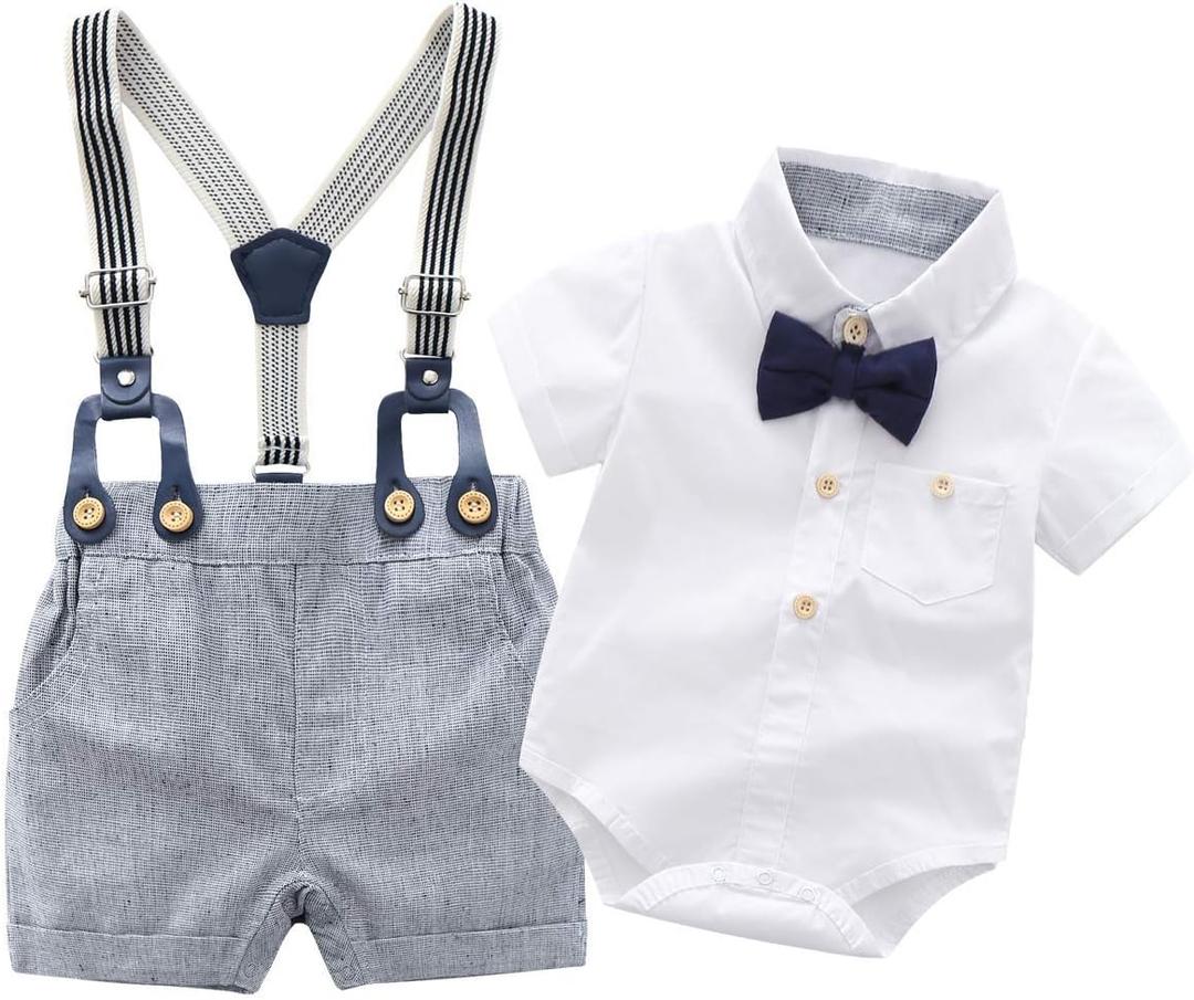 Boarnseorl Baby Boys Gentleman Outfits Suits, Infant Shirt+Shorts+Bow Tie+Suspenders (White, 8-9M)