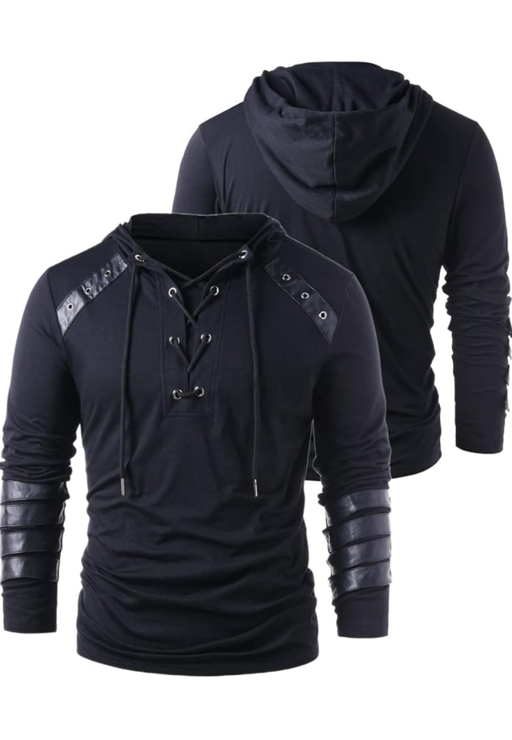 Mens Gothic Lace Up Hoodie Shirts Retro Sweatshirt Vintage Steampunk Hooded Tops Halloween Cosplay Costume M