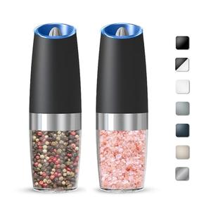 KIARYUOLL Gravity Electric Salt And Pepper Grinder Set, Automatic Salt And Pepper Grinder Set, Battery Powered (6 AAA Batteries Each), Adjustable Roughness, LED Light, 2 Pack, (Black)