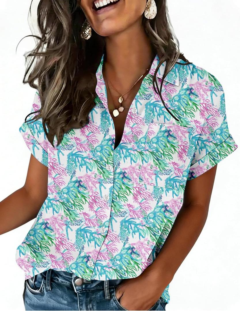 Zeagoo Womens Button Down Shirt Short Sleeve Blouse V Neck Dressy Casual Business Work Tops with Pocket, M
