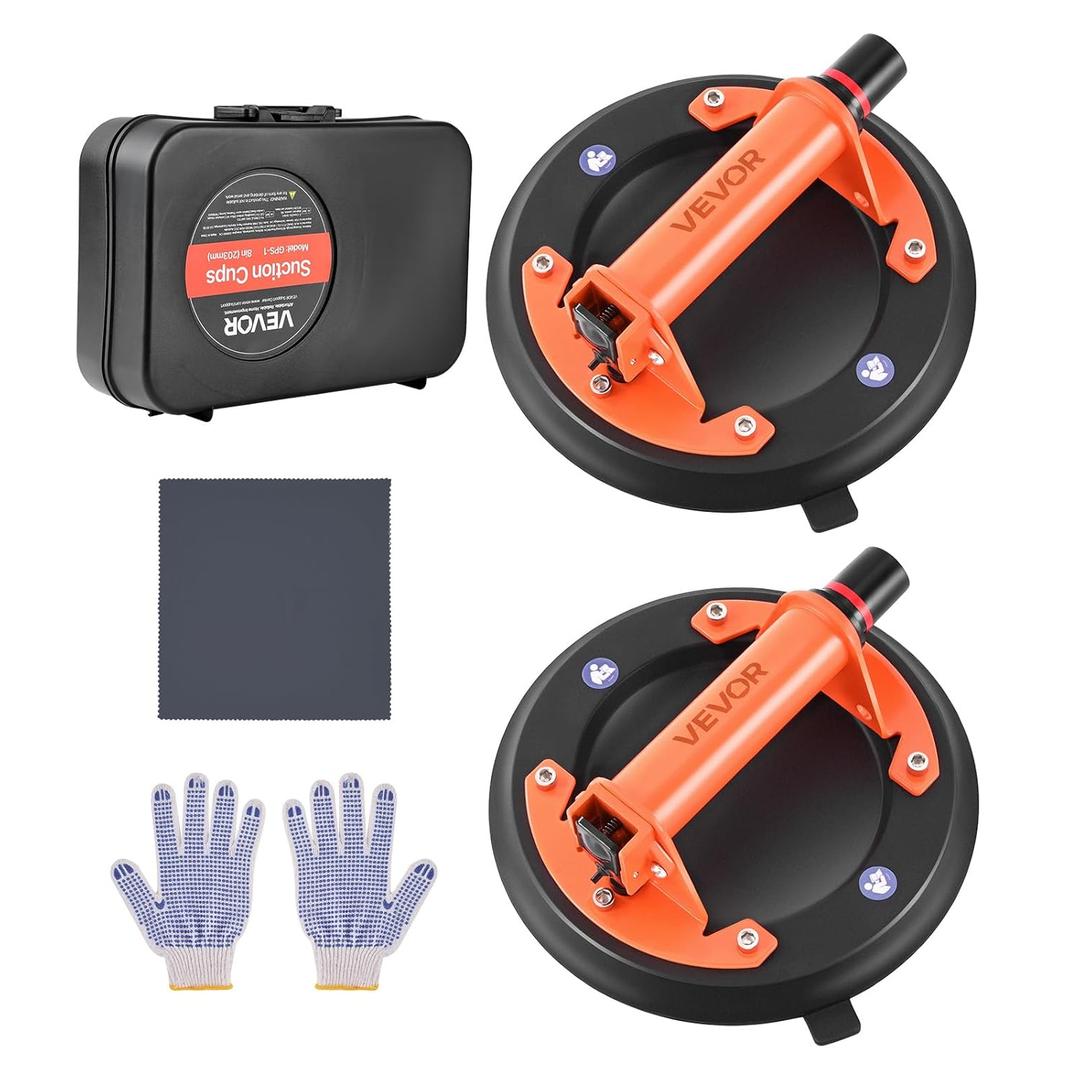 VEVOR Vacuum Suction Cup, 8-Inch Vacuum Glass Lifter with Metal Handle, 429 lbs Max Lifting Capacity Tile Suction Cup Tool with Carrying Case for Lifting Large Tile, Granite, Drywall, Windows (2-Pack)