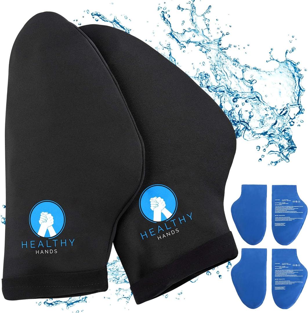 Hand Wrap  Cold Therapy Gloves for Chemo, Neuropathy, Arthritis, Injuries and Working Hands  Includes 2 Mittens and 4 Reusable and Flexible Gel Ice Packs S/M