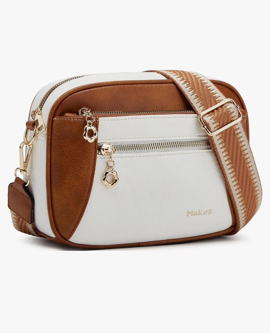 Crossbody Purse for Women Small Crossbody Bags Trendy Vegan Leather with Adjustable Shoulder Straps Gift for Mother Wife Mom, Beige with Brown Crossbody Purse for Women Small Crossbody Bags Trendy Vegan Leather with Adjustable Shoulder Straps Gift for Mother Wife Mom, Beige with Brown