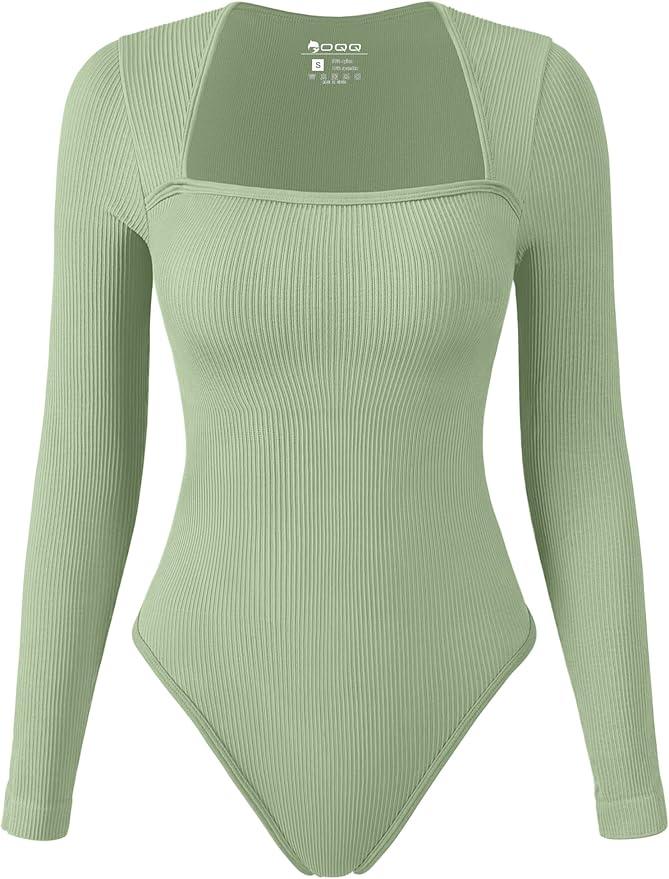 OQQ Women's Bodysuits Sexy Ribbed One Piece Square Neck Long Sleeve Tops Sauerkraut XL 1 Pack, Pea Green