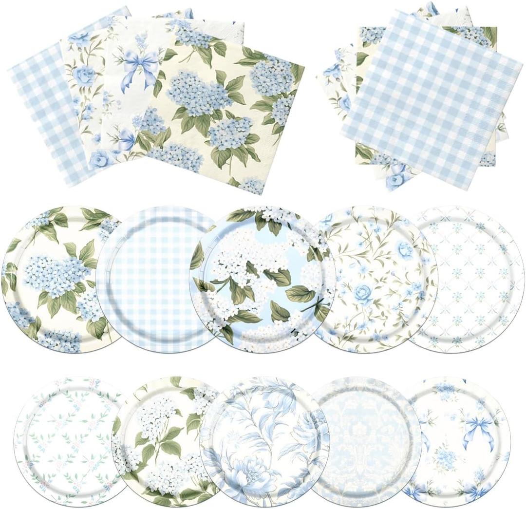 60Pcs Floral Plates and Napkins-Blue White Party Supplies Vintage Flower Tea Party Decorations for Birthday,Baby Shower