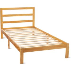 Amazon Basics Twin Bed Frame with Headboard, Solid Pine Wood with Bed Slats, Twin, Walnut