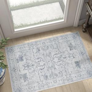 jinchan 2x3 Washable Rug for Entryway - Vintage Floral Ultra-Thin Low Pile Soft Small Non-Slip Distressed Indoor Doormat Accent Rug for Entrance Kitchen Bathroom Bedroom (2x3ft,Grey)