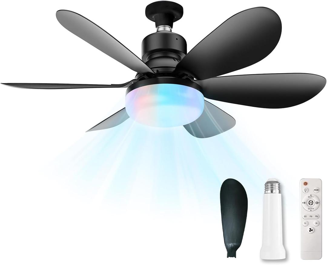 Socket Fan Light with Remote,Small Ceiling Fans with Lights,Smart Timing Dimmable 3 Colors,E26 Base Socket Ceiling Fan for Bedroom Living Garage KitchenRGB Ambient-Black