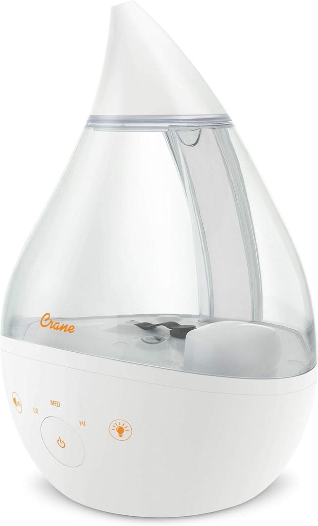Crane 4-in-1 White Drop Ultrasonic Cool Mist Humidifier with Sound Machine, Night Light, Aroma Tray, 1 Gallon Top Fill White