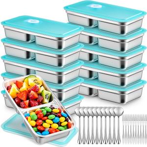 10 Set Stainless Steel Snack Containers with Lid Spoon and Fork Grab and Go Double Compartment Food Lunch Containers Reusable Bento Salad Dip Boxes for Travel Office Picnic Camping