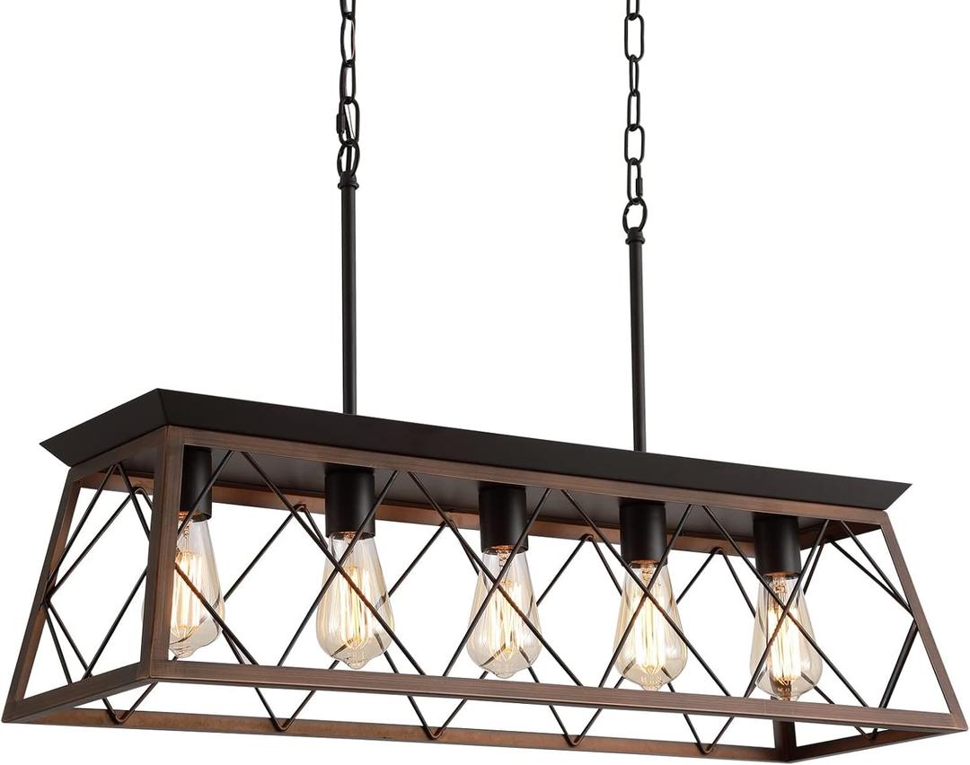 Q&S Farmhouse Rustic Chandelier Light Fixtures Bronze 5 Lights Linear Rectangular Chandelier Pendant Light Fixtures for Dining Room Kitchen Island Pool Bar Office Living Room Entryway UL Listed
