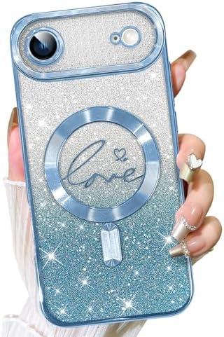 Fiyart Designed for iPhone Air Case 2025,Compatible with MagSafe Love Hearts Plating Camera Protection TPU Magnetic Glitter Shockproof Phone Bumper for Women Girls 6.6"-Blue