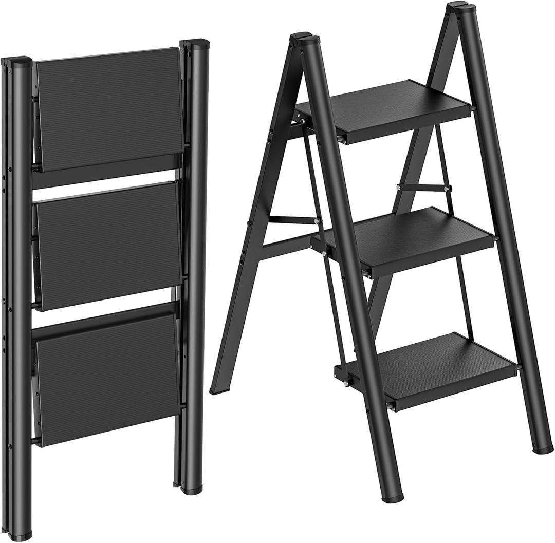 HBTower Step Ladder,Lightweight Aluminum Folding Step Stool with Anti-Slip Wide Pedal,330lbs Capacity Step Ladder-Black