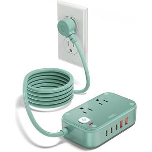 VPSUN Power Strip with USB C  40W Charging Station with 2 Outlets 3 USB C & 2 USB A  Charger for Multiple Devices, 5Ft Flat Plug Extension Cord for Travel Cruise Ship Office Dorm (Green)