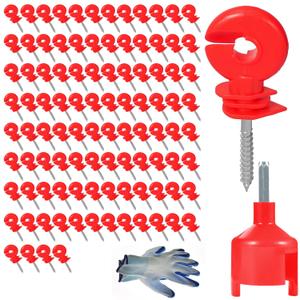 Electric Fence Insulator, 100 Pcs Red Screw-in Insulator with Insulator Socket Tool for Wood Post Fence Ring Post (100Pcs)
