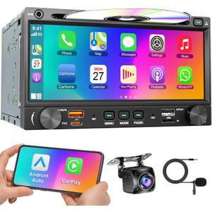 Double Din Car Stereo CD DVD Player with Wireless Carplay&Android Auto, 7 inch Car Radio 4.2Channel Audio Output Bluetooth & Voice Control, Mirror Link, Backup Camera, AM/FM Radio TypeA/C Subwoofer