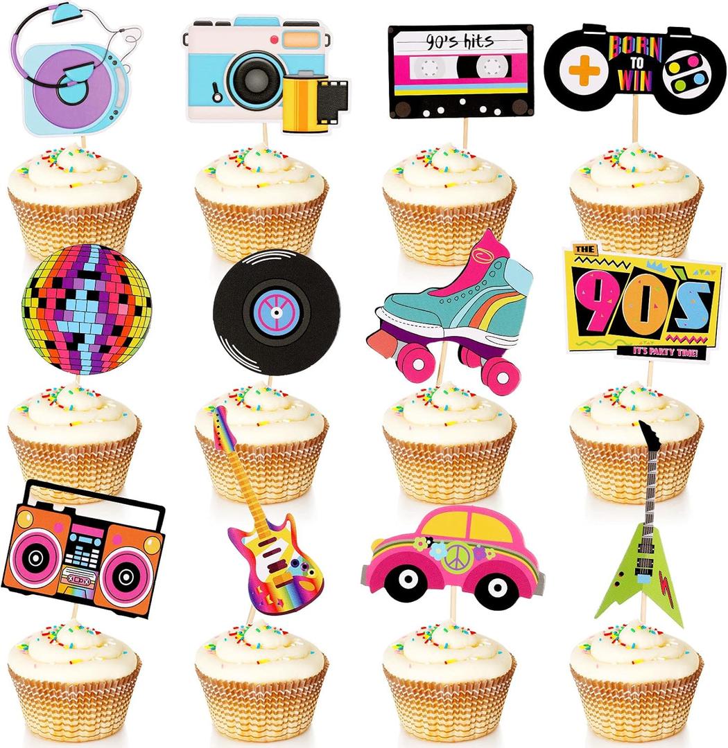Epakh 48 Pieces 90s Cupcake Topper Hip Hop Dance Retro Skate Cupcake Toppers 90s Theme Birthday Cake Party Decorations Stuff for 90's Throwback Party Decorations Supplies