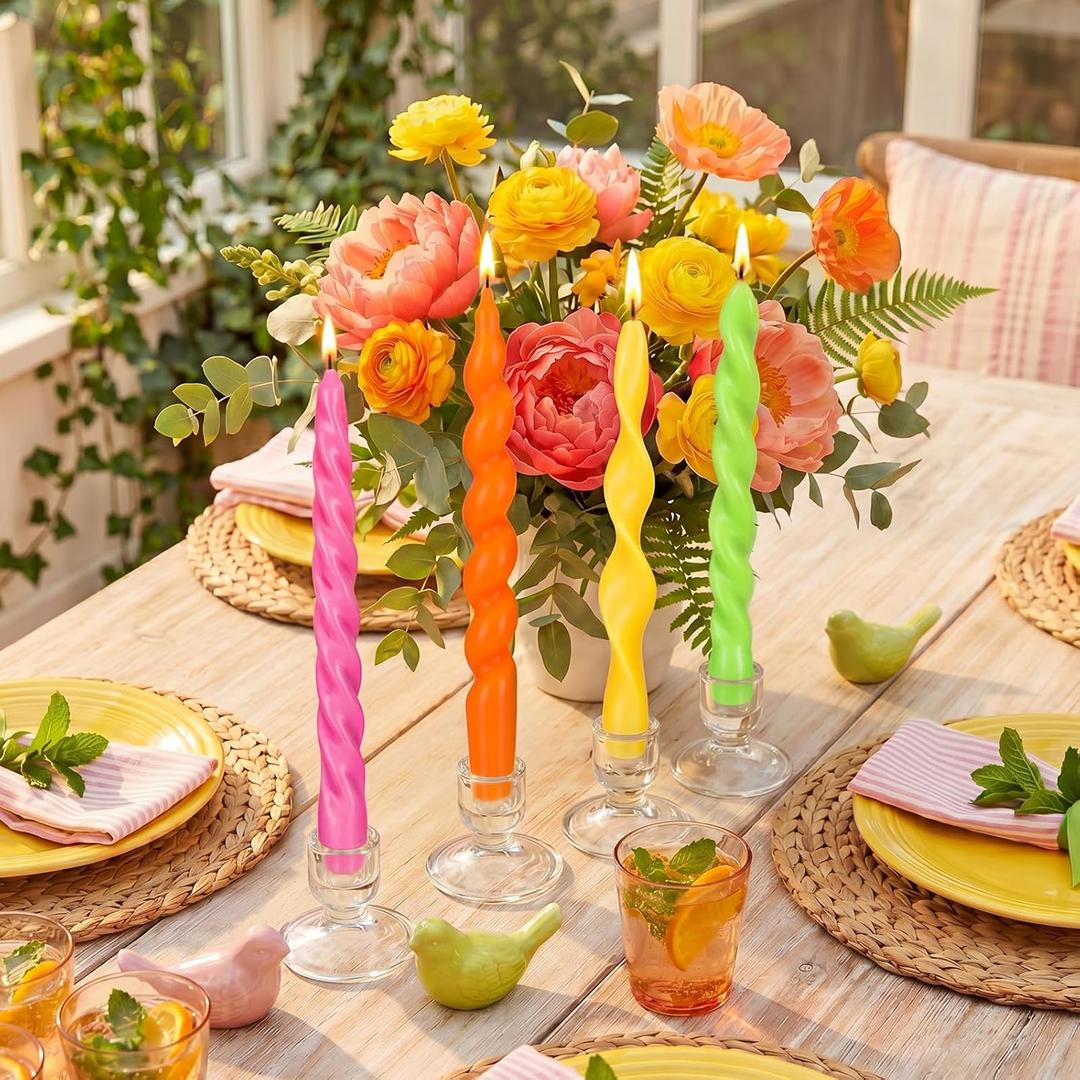 Nuanchu 4 Pcs Twisted Taper Candles Wax Unscented Smokeless Spiral Swirl Candlesticks for Wedding Holiday Dinner Party Home Decorations(7.87 Inch,Pure,Neon)