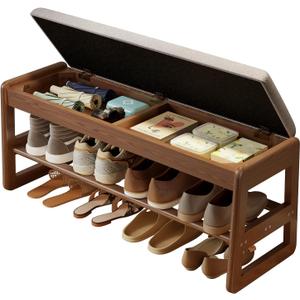 AQIMUELE Shoe Rack Bench,2 Tiers Shoe Bench with Storage with Flip-Top,Wood Shoe Rack for Entryway,Hallway(Walnut Upholstered Seat,11.8" D x 39.3" W x 15.7" H
