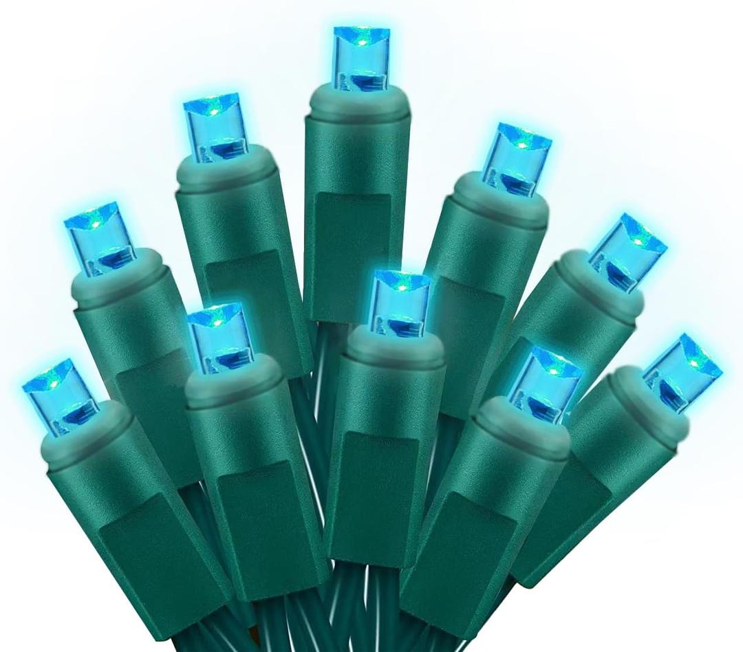 25ft 50 Counts Aqua LED Christmas Lights - Commercial Grade Outdoor Waterproof, Wide Angle Green Wire, Xmas Tree Lights, IP65, UL Listed