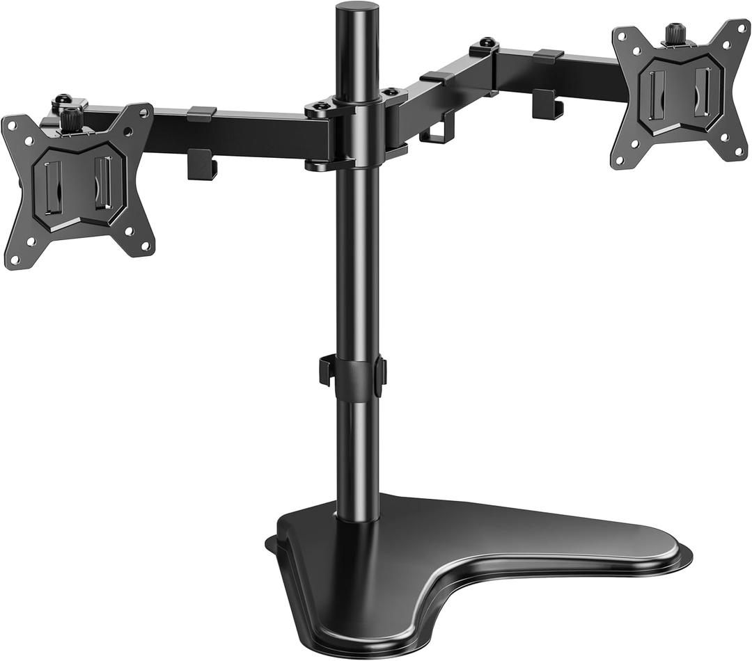 HUANUO 32 inches Dual Monitor Stand up to 17.6lbs per Arm, High-Grade Aluminum Free Standing Dual Monitors Mount for 2 Screens. Fully Adjustable Dual Monitor Stand for Desk with Tilt, Swivel, Rotation (Black)