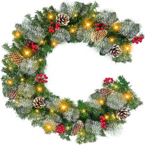 6 Ft by 10 Inch 30 LED Prelit Christmas Garland with Lights Timer 150 Snowy Bristle Pine Branches 8 Pinecone 56 Red Berry Battery Operated Xmas Decor for Home Indoor Outdoor Mantle Stairs Front Door