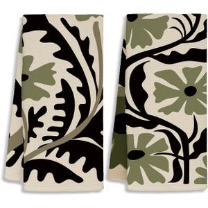Abstract Olive Green and Black Boho Floral Kitchen Towels Set of 270s Retro Flower Botanical Dish Towels for Kitchen Drying, Dark Cottagecore Neutral Hand Towels for Bathroom, 16x24 Inch