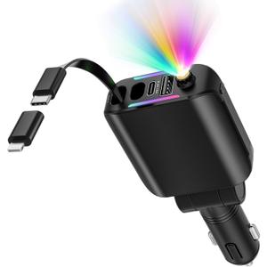 Retractable Car Charger with Starlight, 4 in 1 [120W] USB C for iPhone and Android Car Charger Fast Charging, Compatible with iPhone 16/15/14/13/12/11, Valentines Gifts for Women Men (Black) (Black - Single line)