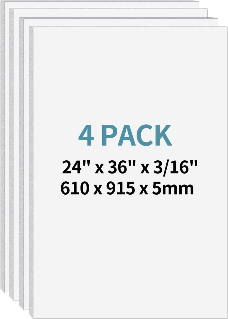 4 Pack Foam Board 24"x36", 3/16 Inch Thickness White Poster Board, Double-Sided Acid-Free Foam Core Board, Large Lightweight Polystyrene Mat Board for Painting, Display, Craft & School Projects