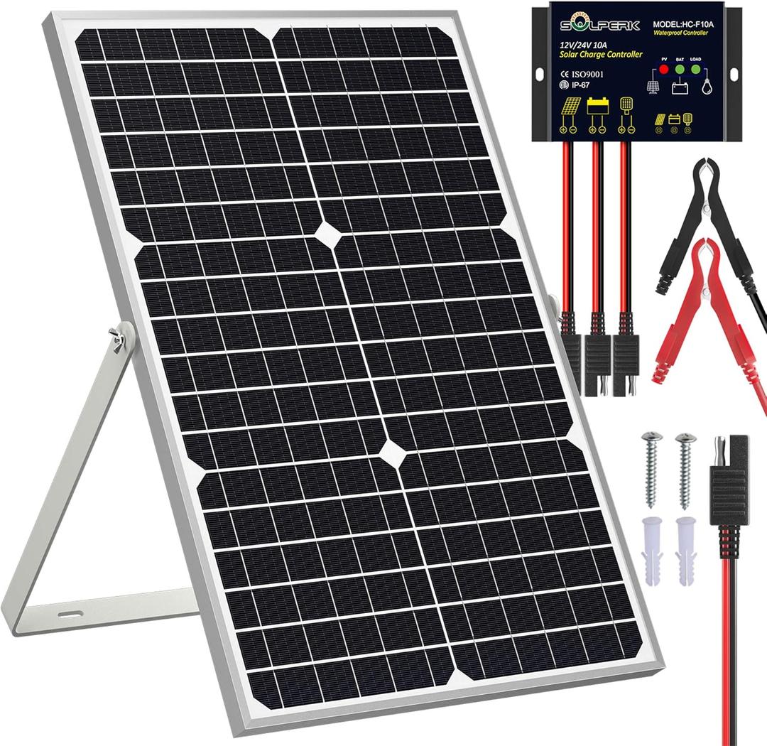 SOLPERK Solar Panel Kit 30W 12V, Solar Battery Trickle Charger Maintainer + Upgrade Waterproof Controller + Adjustable Mount Bracket for Boat Car RV Motorcycle Marine Automotive (30W PWM+Load)