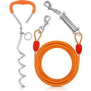 Petbobi Dog Tie-Out Cable and Stake - 30ft Heavy Duty Cable with Spring, No Tangle, 16in Ground Stake, Ideal for Yard, Camping and Beach, Suitable for Small Medium Large Dogs Up to 120 lbs, Orange