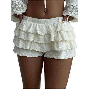 BEAUDRM Women's Y2k Ruffle Shorts Frilly Micro Short Texture Puffy Mini Shorts Low Rise Bloomers Party Club Boyshorts (Apricot, Large)