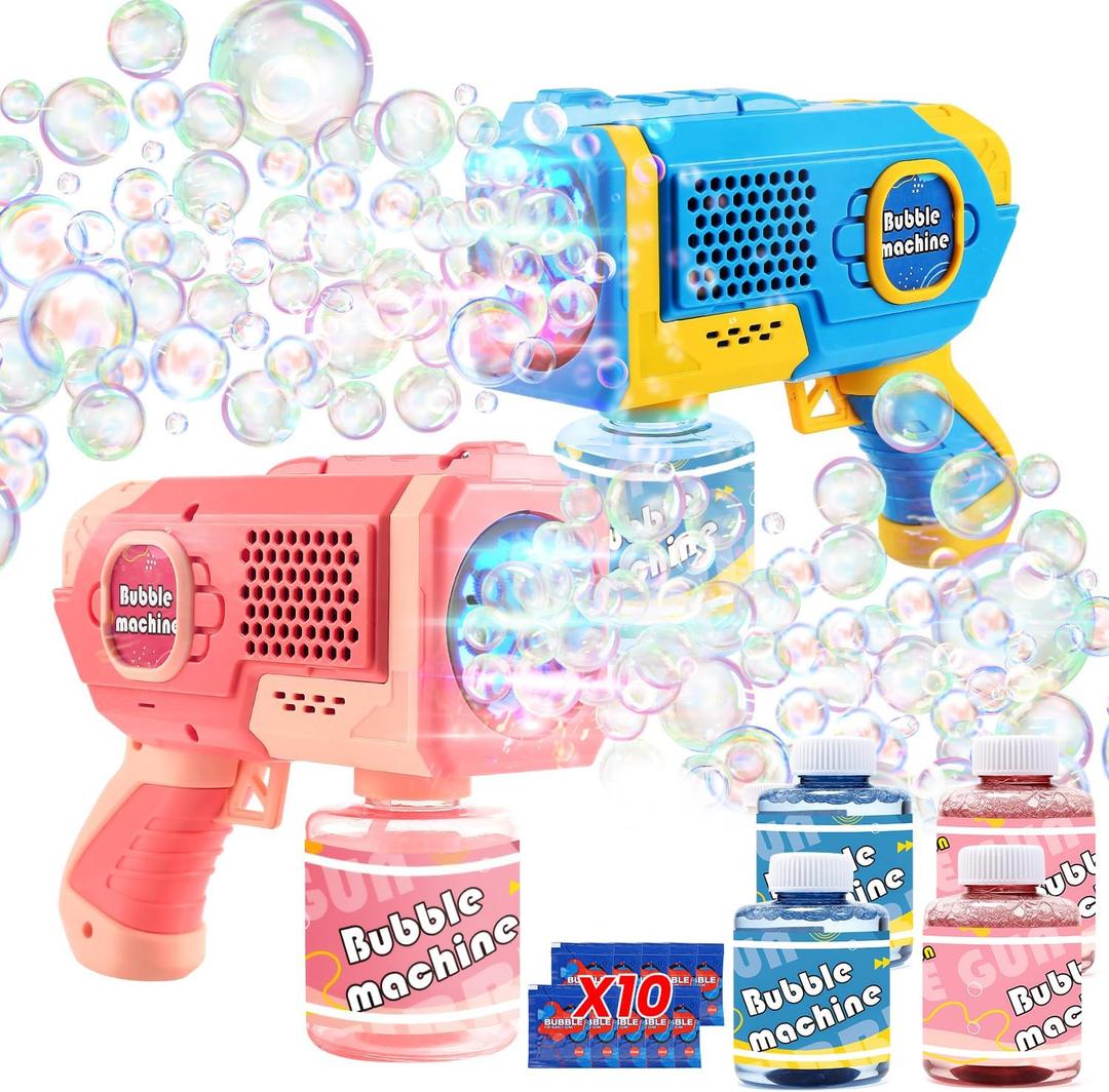 EagleStone 2 Pack Bubble Gun Machine for Kids, Automatic Light Up Bubble Blower with 4 Bottles 10 Bags Refill Solution, Bubble Guns Blaster for Toddlers, Outdoor Toys Gifts, Wedding Easter Party Favor 