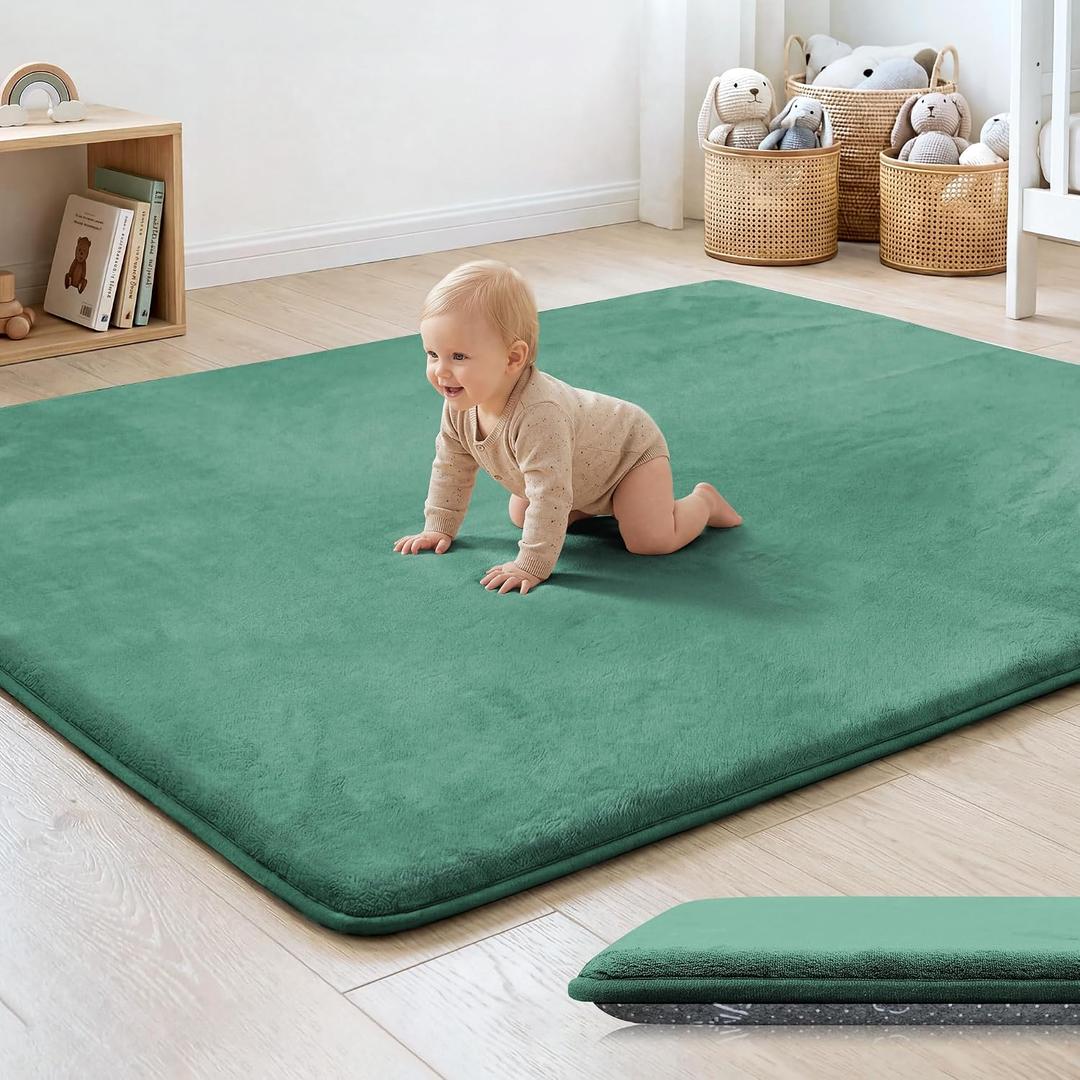 1.3" Thick Baby Floor Play Mat 50x50, Basic Padded Foam Mat for Tummy Time Crawling, Non Slip Cushioned for Babies Toddlers Infants Kids (Dark Green)
