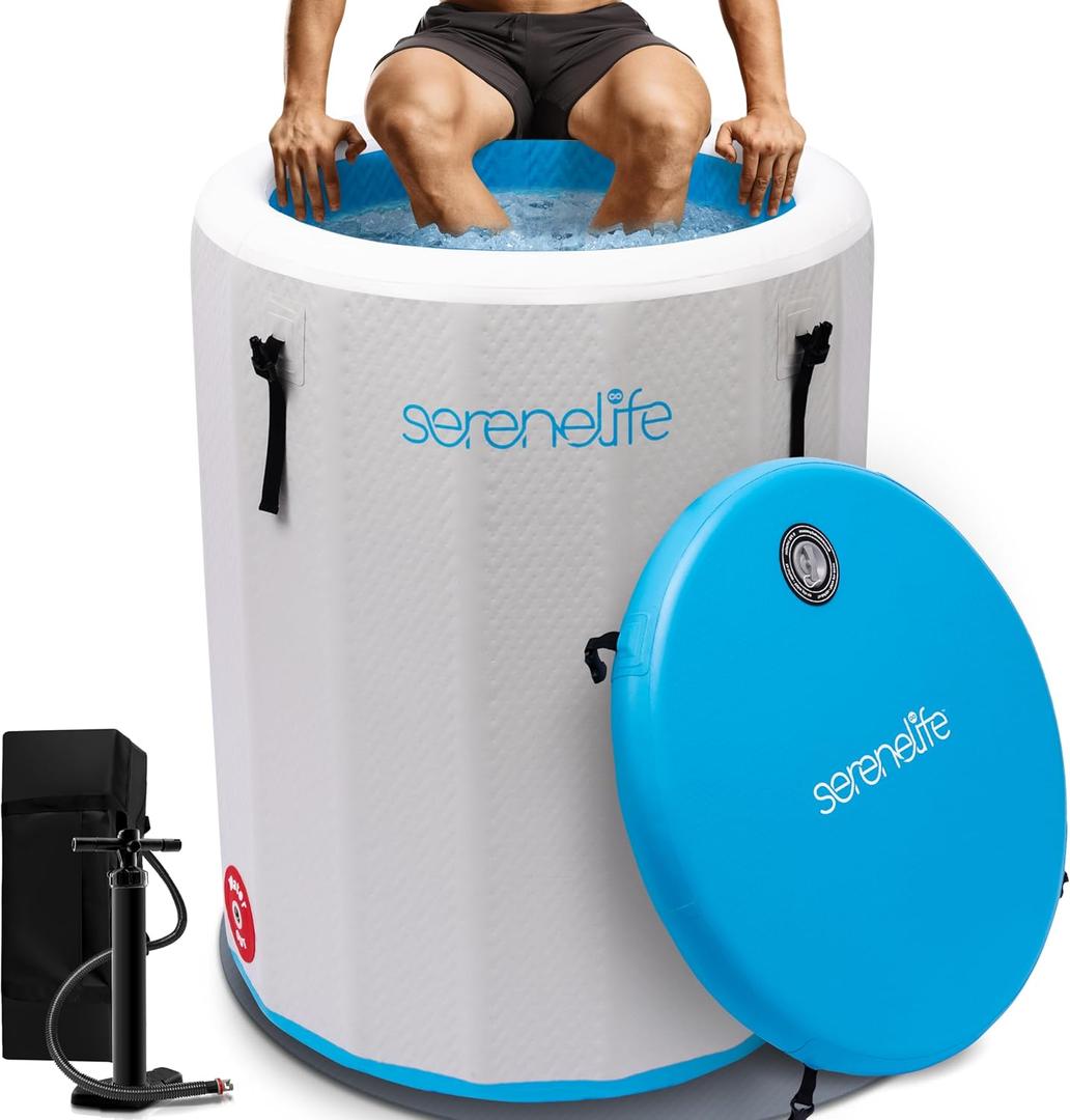 SereneLife Inflatable Cold Plunge Tub Ice Bath, One Person Ice Bath Tub with Lid, Drop Stitch PVC, Double Layer Seals, Heavy Duty Cold Plunge Therapy Recovery Pod for Athletes
