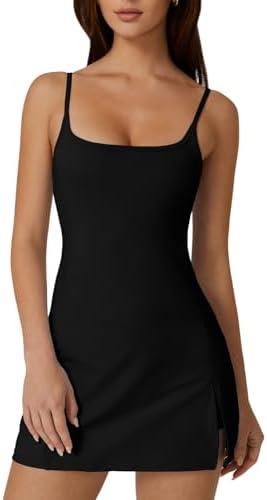 QINSEN Women's Spaghetti Strap Tennis Dress with Shorts Workout Side Slit Active Golf Dresses, XL