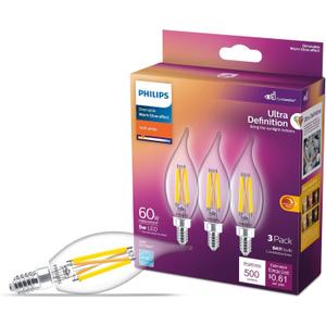 PHILIPS LED 60W BA11 E12 Chandelier Bulbs 3-Pack Ultra Definition Soft White (2700K) 500 Lumen (5W = 60W) Dimmable Flicker-Free LED Candelabra Bulbs
