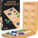 Hi-Q Solid Pine Mancala - Folding Board Game with Blue, Green, White Marbles- Portable Strategy Travel Game - Recommended Ages 6+