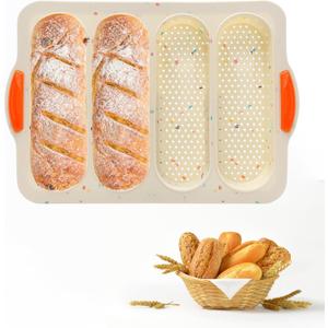 French Bread Hoagie Sub Roll Baking Pans 4-slot, Non Stick Silicone Mould Mold Tray for Sandwich Baguette Hot Dog Bun Loaf Food, Mini Tool Set for Restaurant Homemade Household Breakfast Dinner-Beige