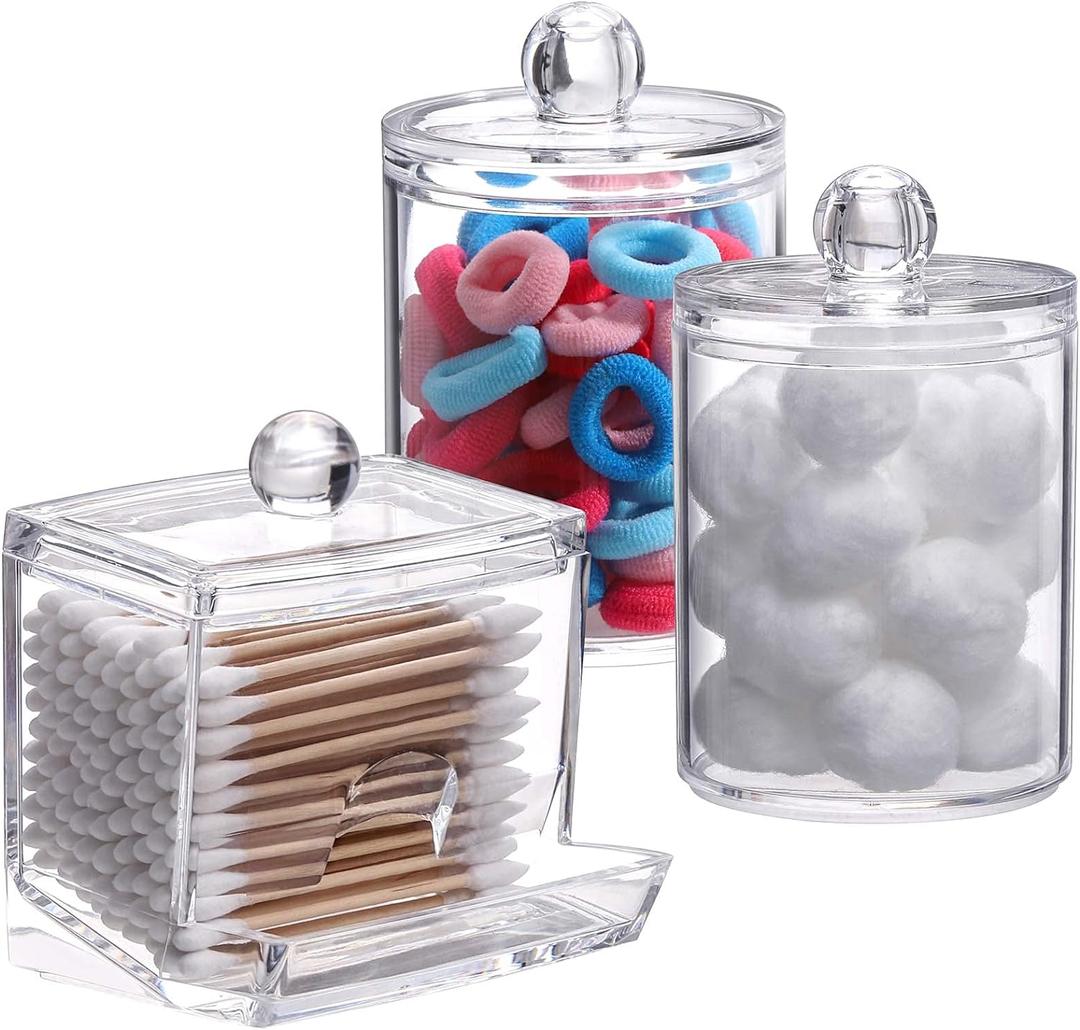 Tbestmax Plastic Qtips Holder Bathroom Container, 10/7 OZ Cotton Ball/Swabs Dispenser, Apothecary Jar Organizer for Storage 3 Pcs (Group A-Clear)