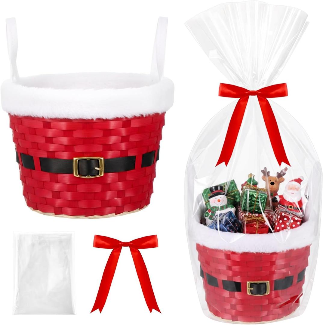 Christmas Basket for Gifts Empty Christmas Santa Claus Woven Bamboo Basket with Xams Belt Bag and Bow Ribbon for Xmas Storage Gift Snack Skep with Handle 9"x7" (Red, White)