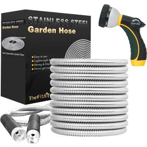 TheFitLife Flexible Metal Garden Water Hose - Upgrade Leak and Fray Resistant Design, Stainless Steel with Solid Fittings and Sprayer Nozzle, Lightweight Kink Free Durable Easy Storage (100 FT)