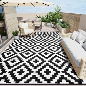 OLANLY Waterproof Outdoor Rug 10x14 ft, Outdoor Plastic Straw Rug for Camping, RV Mat Outside, Indoor Outdoor Carpet for Porch, Deck, Backyard, Balcony, Picnic, Black & White