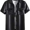 WDIRARA Men's Pu Leather Flap Pocket Short Sleeve Button Up Shirt Party Collar Top S