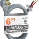 6 ft 3 Prong Dryer Cord, 30Amp 10 Gauge Dryer Power Cord Replacement, Pure Copper 3-Wire Dryer Cord with NEMA 10-30P Plug and O-Ring Terminals, 250V 7500W, ETL Listed, Gray STW