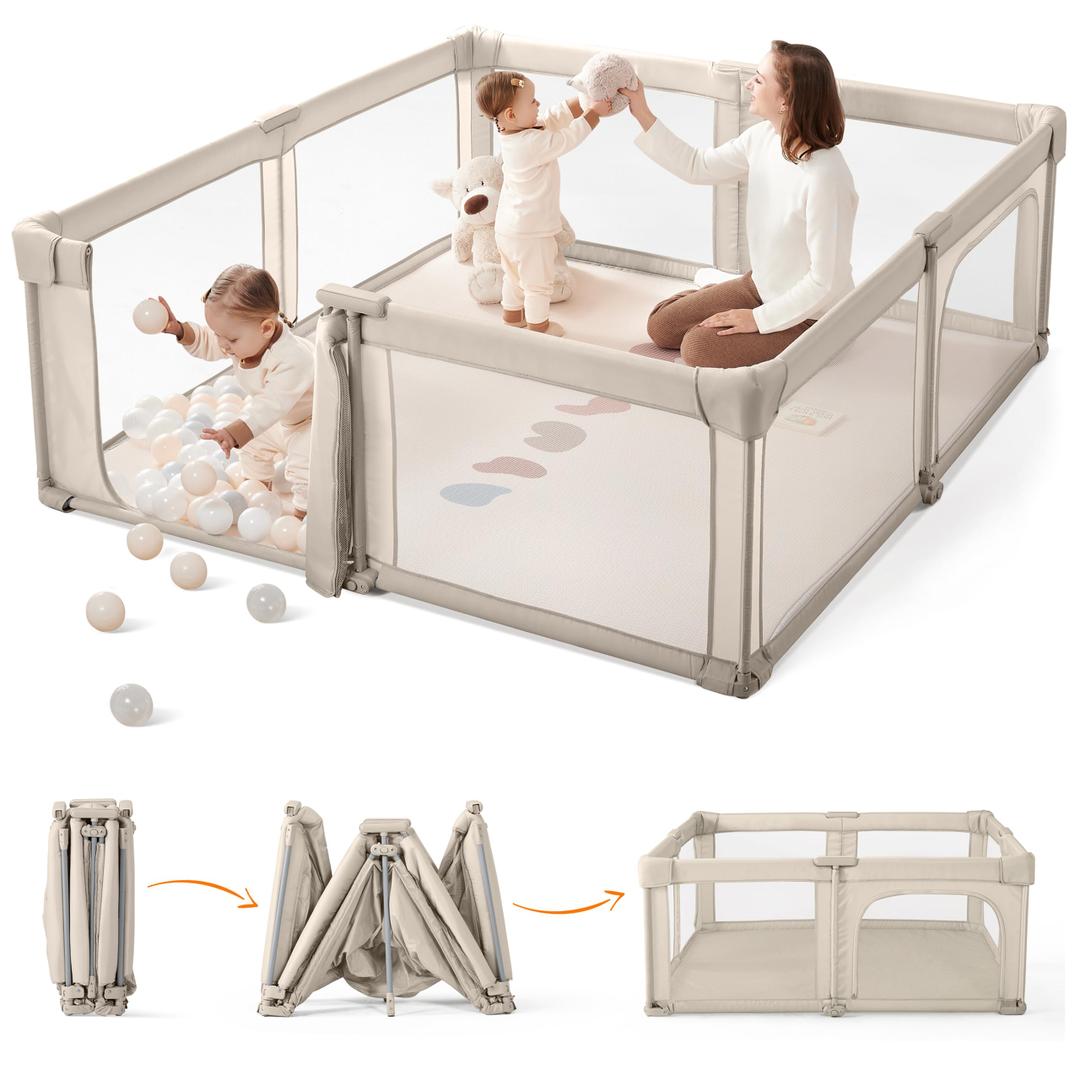 Sweeby Baby Playpen, 71x59 Inch Baby Gate Playpens for Babies and Toddlers, Extra Large Playpen with Door Play Yard for Fence Indoor and Outdoor Play Pen, Beige